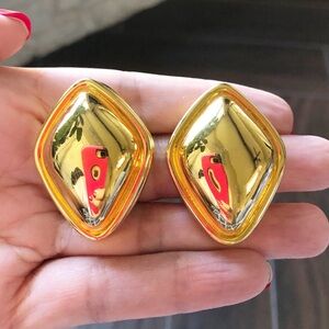 Vintage Gold Tone Liz Claiborne Clip On Earrings, Diamond Shaped, Chunky, Big